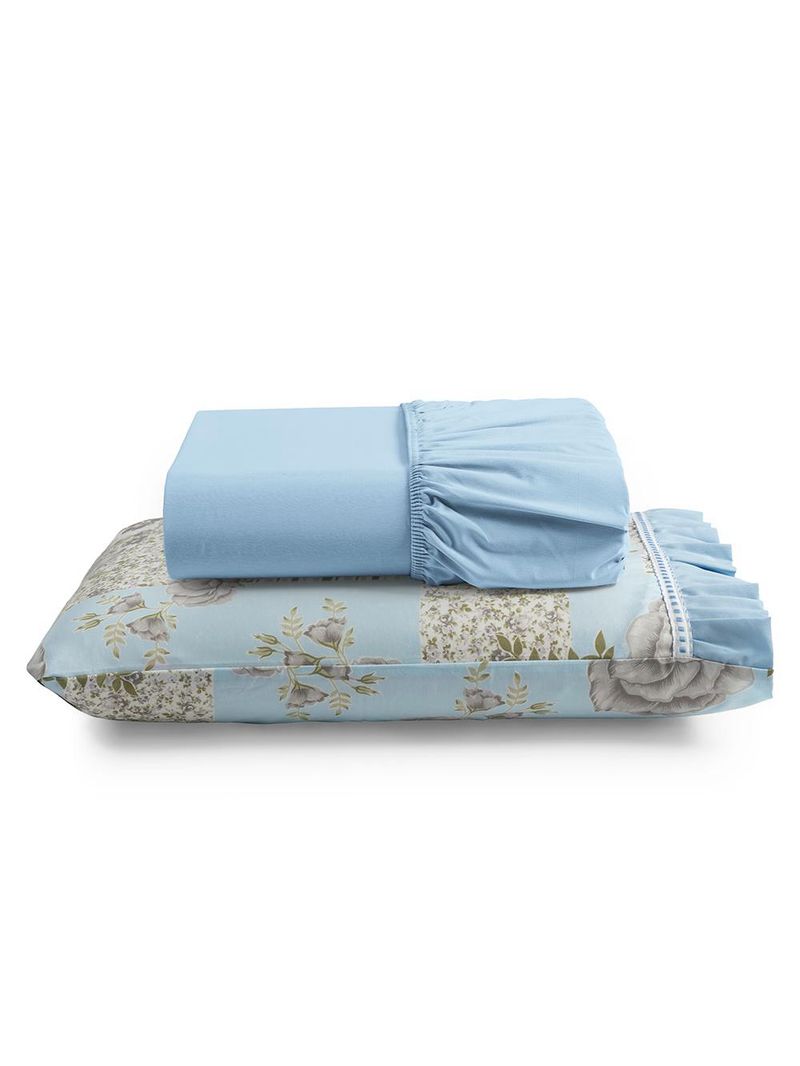 Jogo cama lençol fiore solteiro estampado 180 fios 100% algodão com babadinho 2 peças azul floral