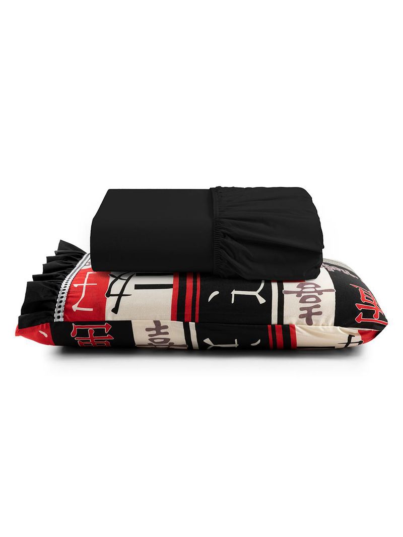 Jogo cama lençol fiore solteiro estampado 180 fios 100% algodão com babadinho 2 peças preto oriental japonês