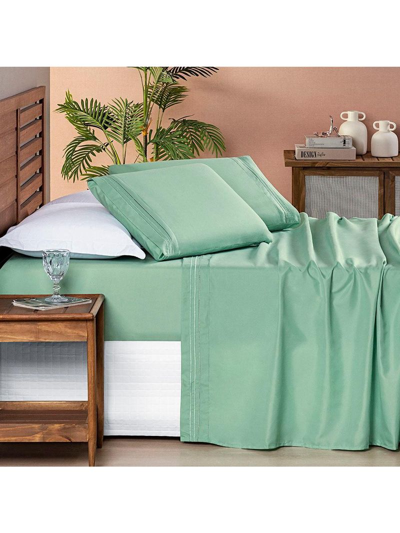 Jogo cama lençol honore queen micro percal 200 fios c/ detalhes bordados 4 peças - salvia verde