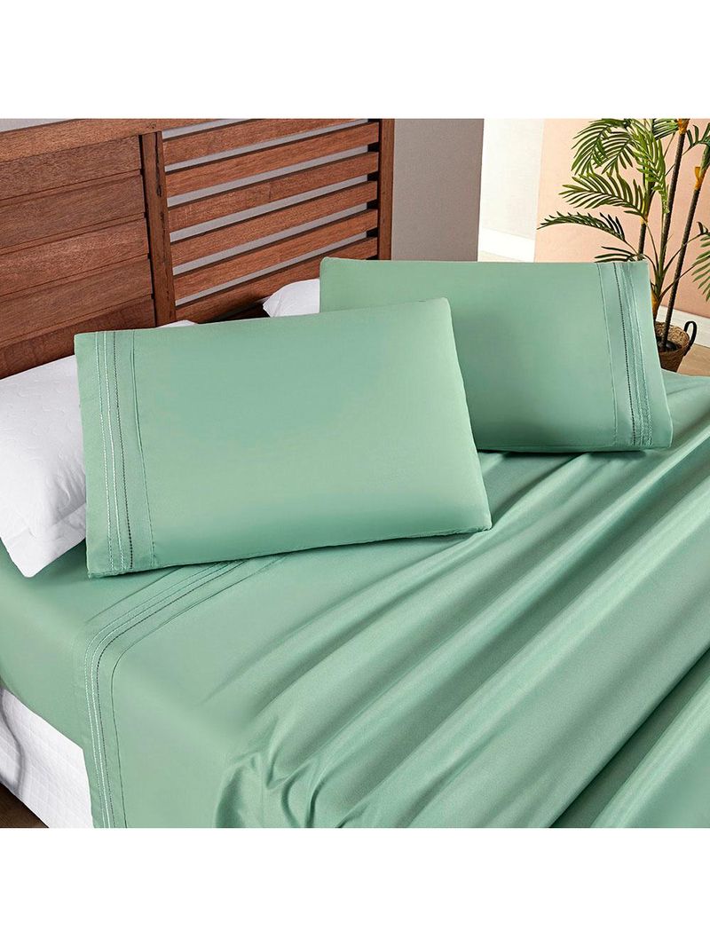 Jogo cama lençol honore queen micro percal 200 fios c/ detalhes bordados 4 peças - salvia verde