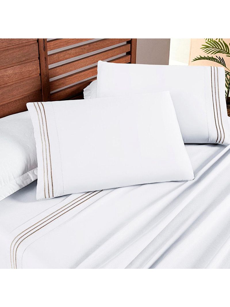 Jogo cama lençol honore king micro percal 200 fios c/ detalhes bordados 4 peças - branco neve taupe