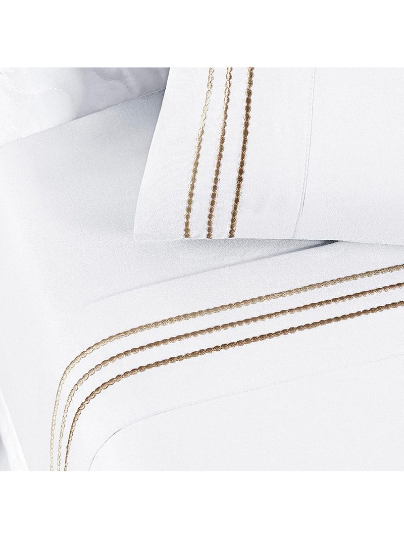 Jogo cama lençol honore king micro percal 200 fios c/ detalhes bordados 4 peças - branco neve taupe