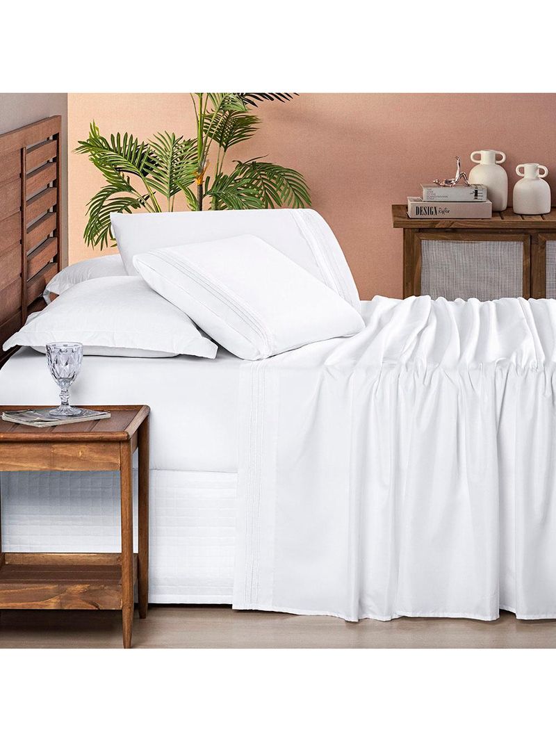 Jogo cama lençol honore king micro percal 200 fios c/ detalhes bordados 4 peças - branco neve taupe