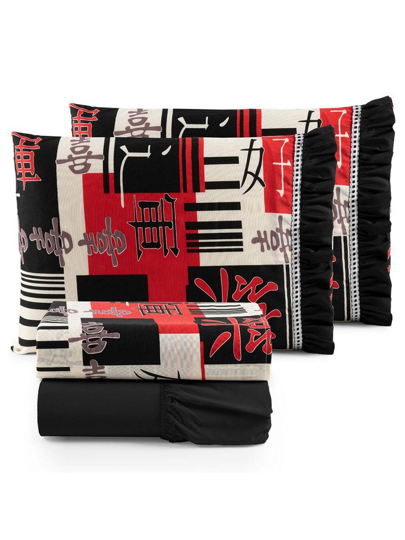 Jogo cama lençol fiore casal padrão estampado 180 fios 100% algodão com babadinho 4 peças preto oriental japonês