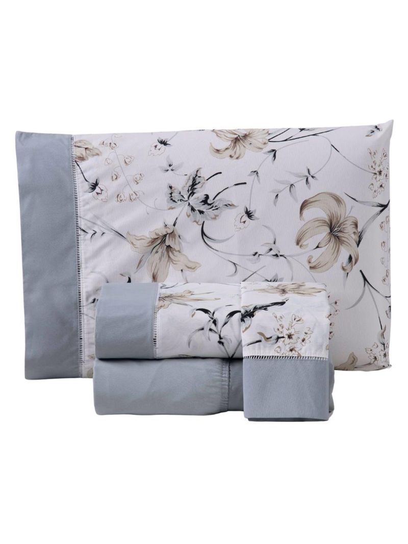 Jogo cama lençol encanto king estampado percal 180 fios c/ ponto palito 4 peças - floral - cinza