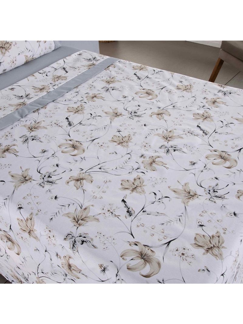 Jogo cama lençol encanto king estampado percal 180 fios c/ ponto palito 4 peças - floral - cinza