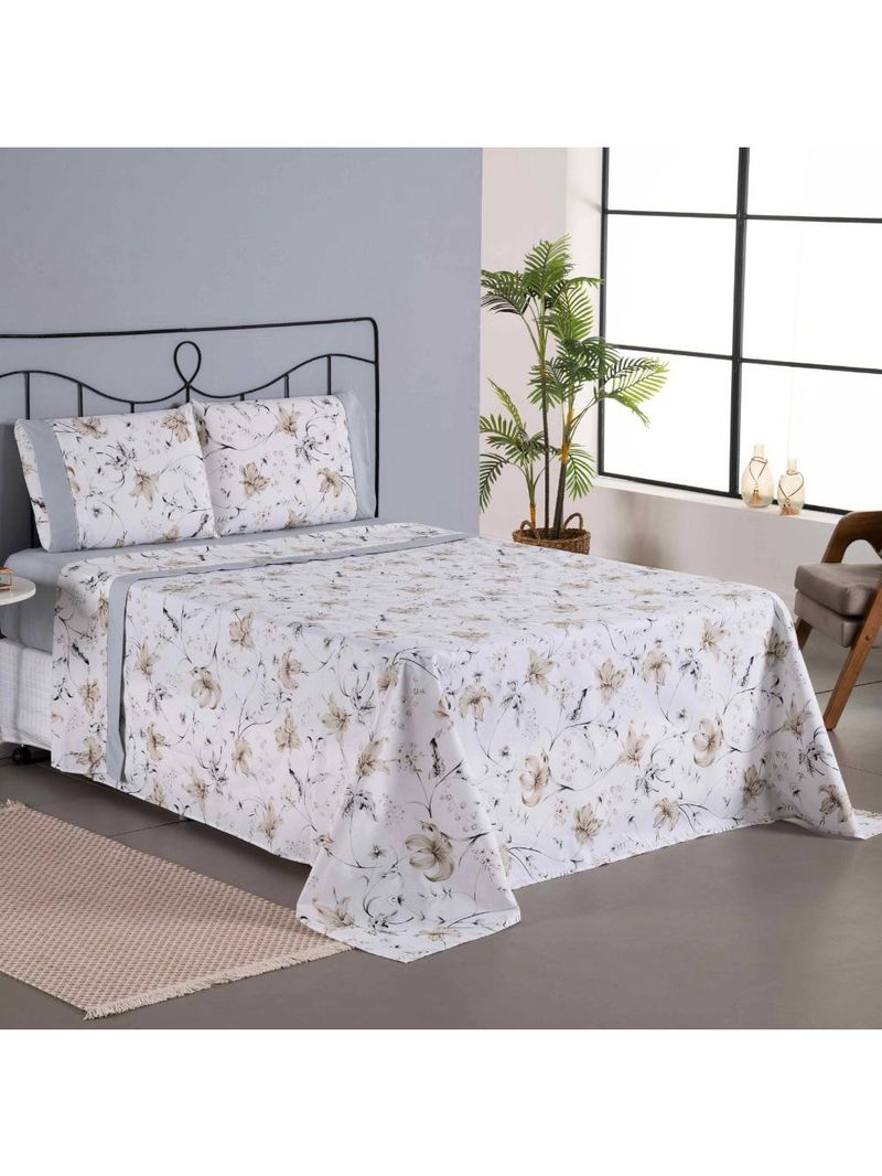 Jogo cama lençol encanto king estampado percal 180 fios c/ ponto palito 4 peças - floral - cinza