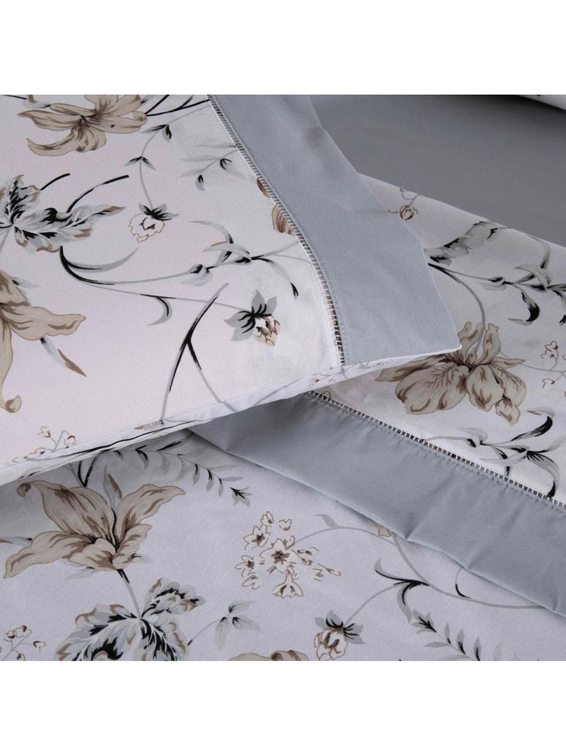 Jogo cama lençol encanto king estampado percal 180 fios c/ ponto palito 4 peças - floral - cinza