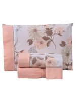 Jogo cama lençol encanto queen estampado percal 180 fios c/ ponto palito 4 peças - floral - salmão