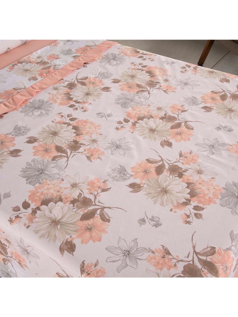 Jogo cama lençol encanto queen estampado percal 180 fios c/ ponto palito 4 peças - floral - salmão