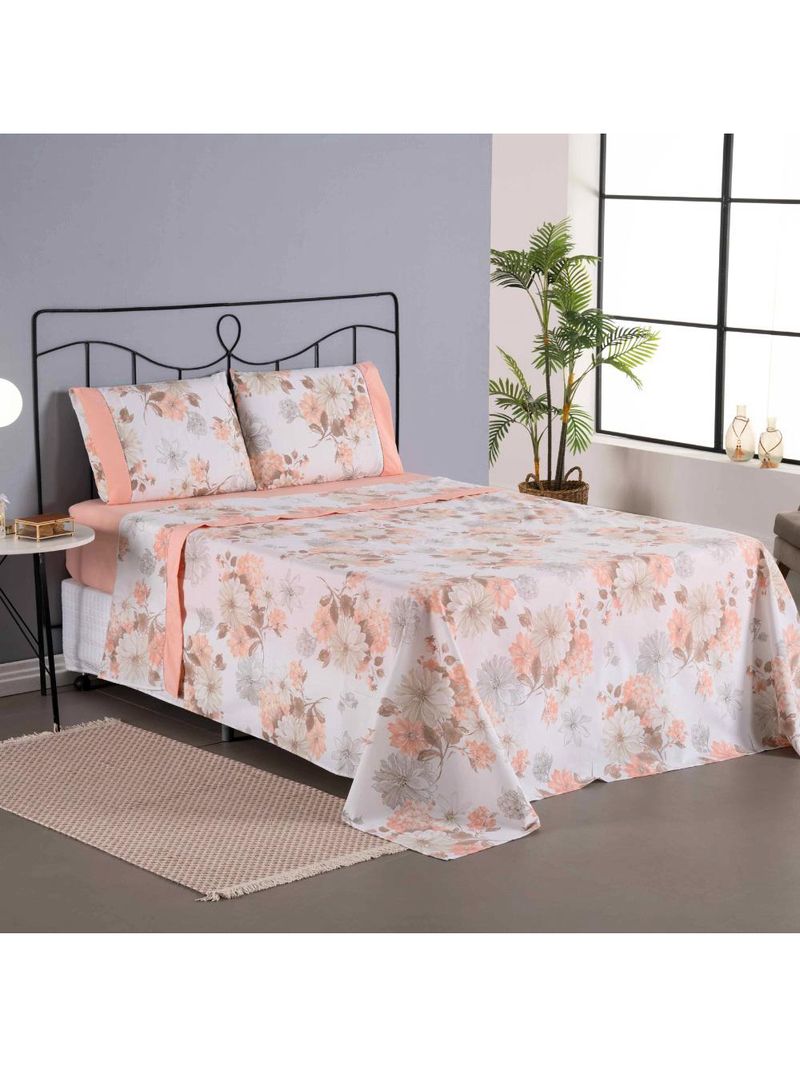 Jogo cama lençol encanto queen estampado percal 180 fios c/ ponto palito 4 peças - floral - salmão