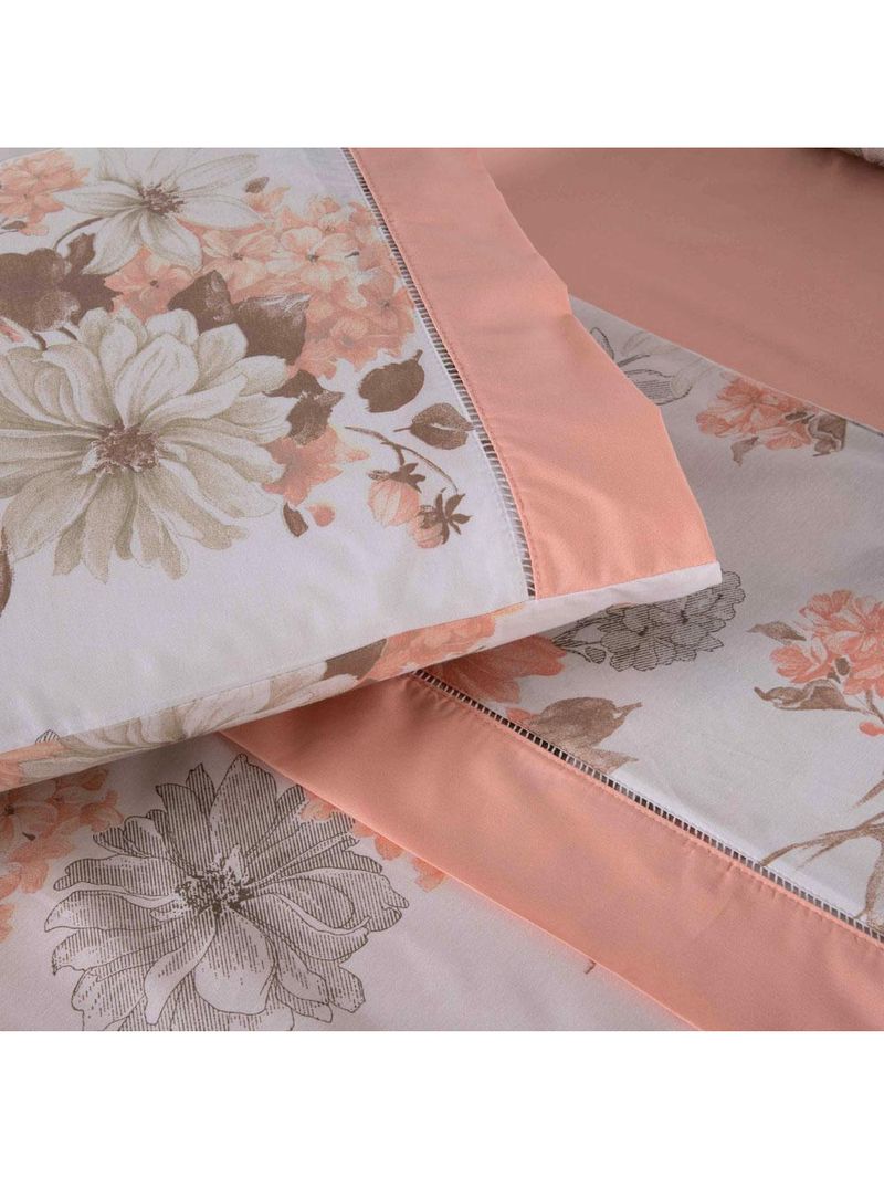Jogo cama lençol encanto queen estampado percal 180 fios c/ ponto palito 4 peças - floral - salmão