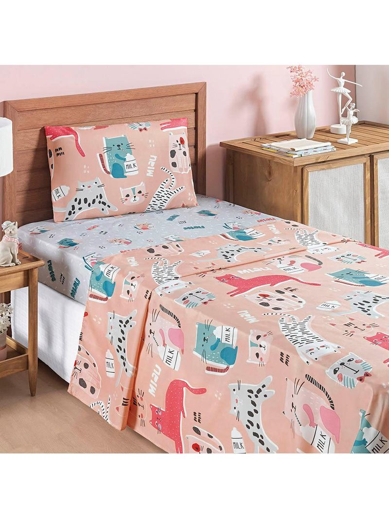 Jogo cama lençol fantasy solteiro cama quarto infantil microfibra 3 peças gatinha rosê