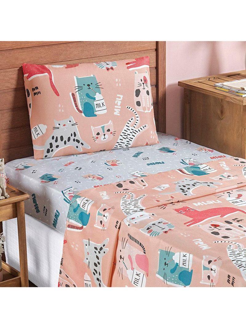 Jogo cama lençol fantasy solteiro cama quarto infantil microfibra 3 peças gatinha rosê