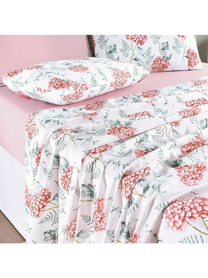 Jogo cama lençol maris king percalle 200 fios estampado 4 peças hortênsia salmão
