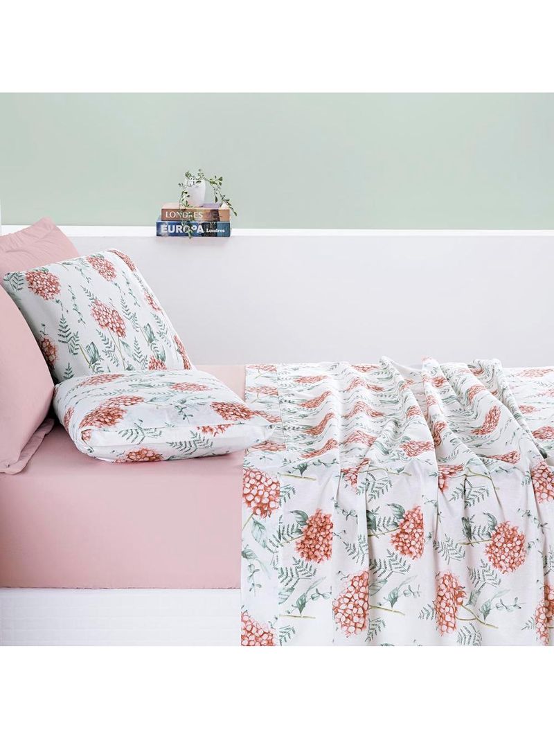 Jogo cama lençol maris king percalle 200 fios estampado 4 peças hortênsia salmão