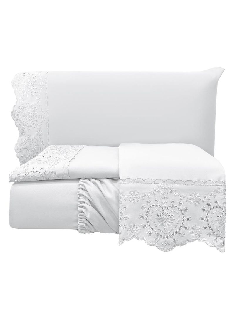 Jogo cama lençol detail casal padrão bordado guipir bordado inglês percal 300 fios 4 peças - branco