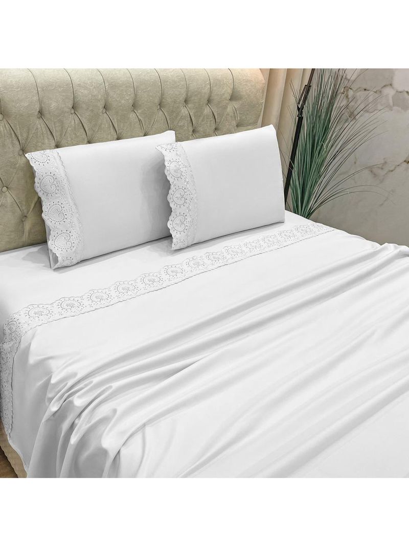 Jogo cama lençol detail casal padrão bordado guipir bordado inglês percal 300 fios 4 peças - branco