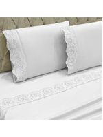 Jogo cama lençol detail casal padrão bordado guipir bordado inglês percal 300 fios 4 peças - branco