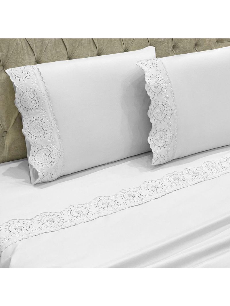 Jogo cama lençol detail casal padrão bordado guipir bordado inglês percal 300 fios 4 peças - branco
