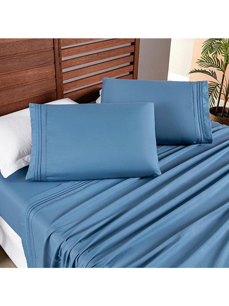 Jogo cama lençol honore casal padrão micro percal 200 fios c/ detalhes bordados 4 peças - azul ice blue