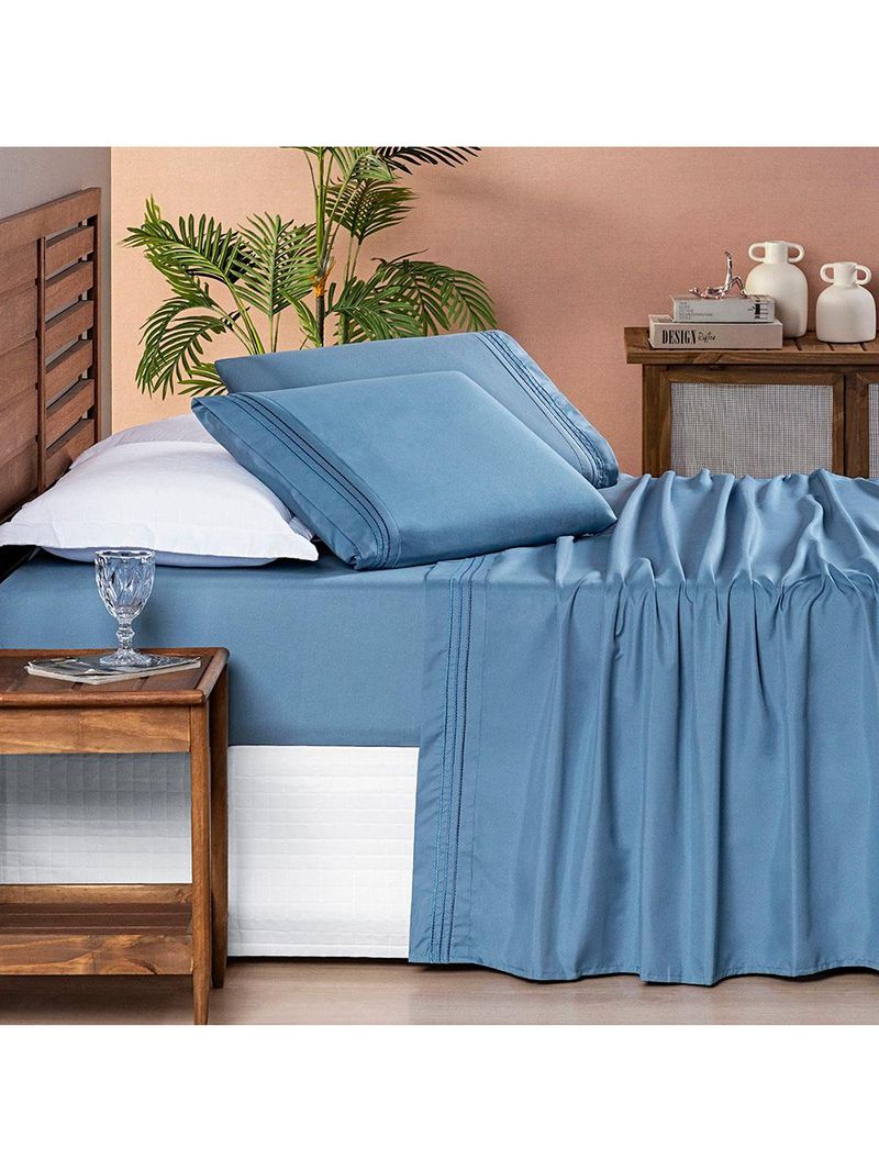 Jogo cama lençol honore casal padrão micro percal 200 fios c/ detalhes bordados 4 peças - azul ice blue
