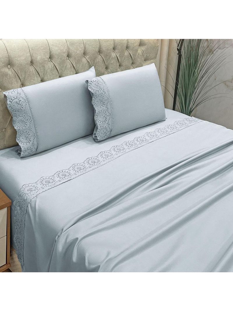 Jogo cama lençol detail king bordado guipir bordado inglês percal 300 fios 4 peças - cinza