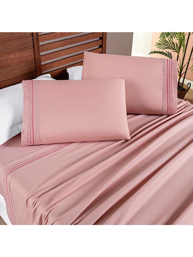 Jogo cama lençol honore casal padrão micro percal 200 fios c/ detalhes bordados 4 peças - sal rosa