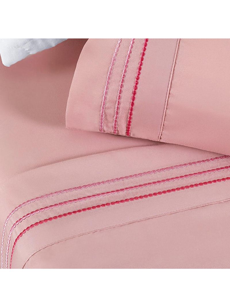 Jogo cama lençol honore casal padrão micro percal 200 fios c/ detalhes bordados 4 peças - sal rosa