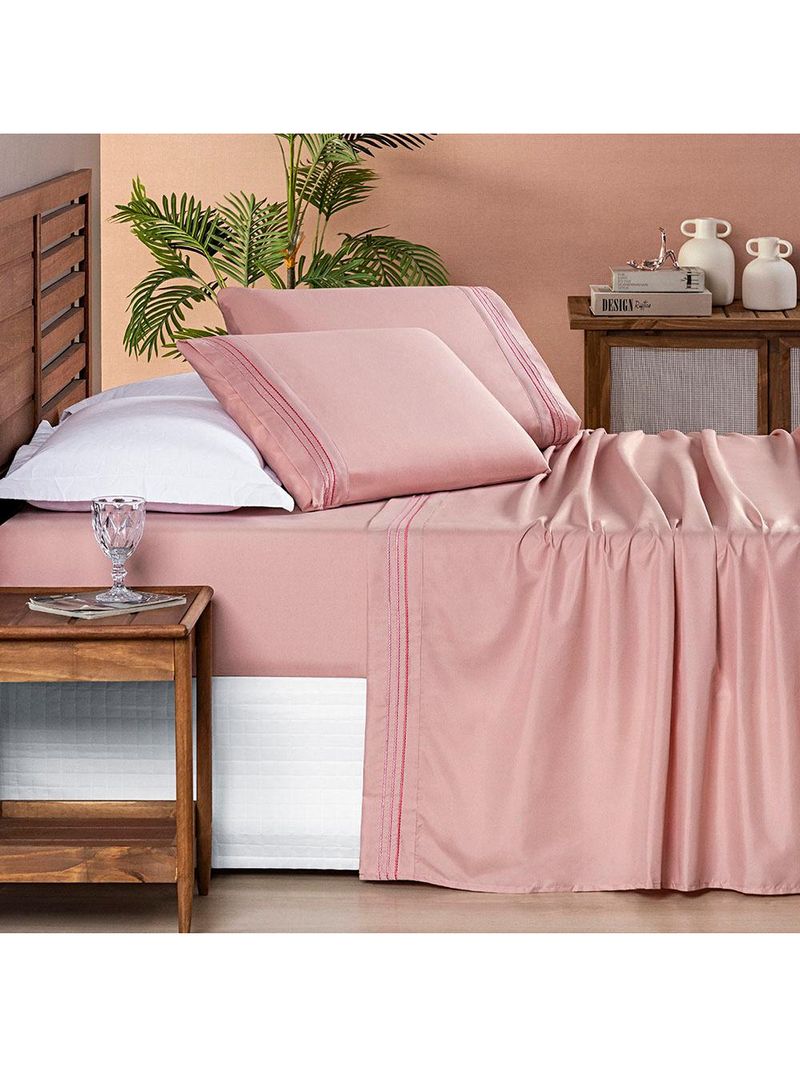 Jogo cama lençol honore casal padrão micro percal 200 fios c/ detalhes bordados 4 peças - sal rosa