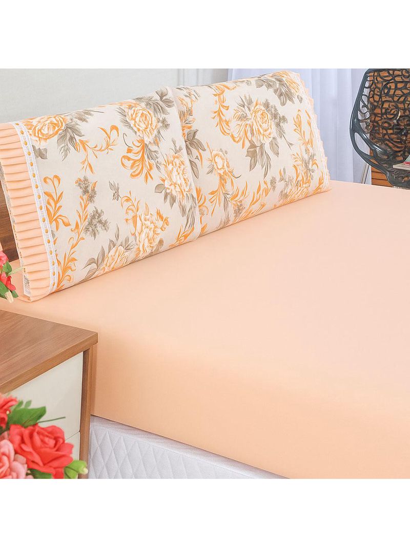 Jogo cama lençol fiore king estampado 180 fios 100% algodão com babadinho 3 peças salmão floral