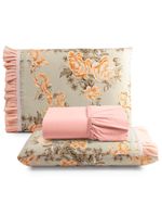 Jogo cama lençol fiore king estampado 180 fios 100% algodão com babadinho 3 peças salmão floral