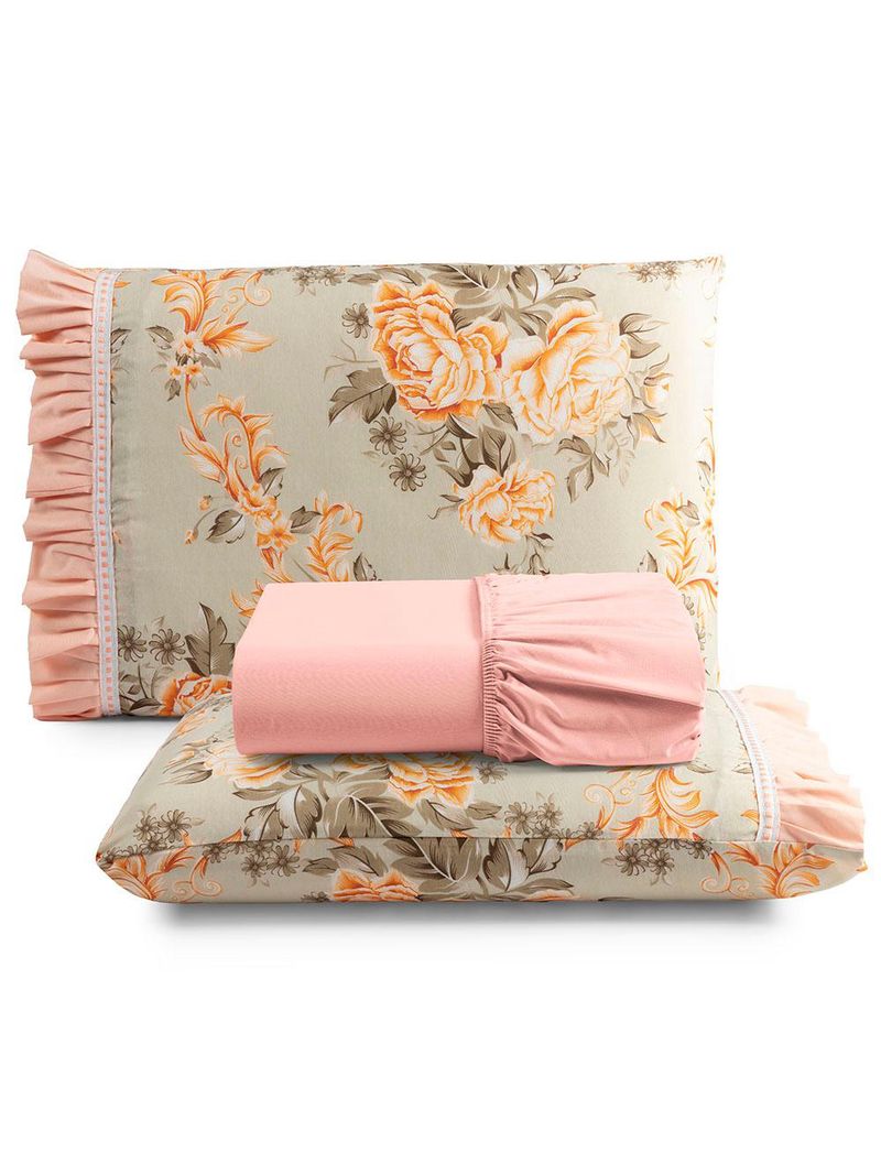 Jogo cama lençol fiore king estampado 180 fios 100% algodão com babadinho 3 peças salmão floral