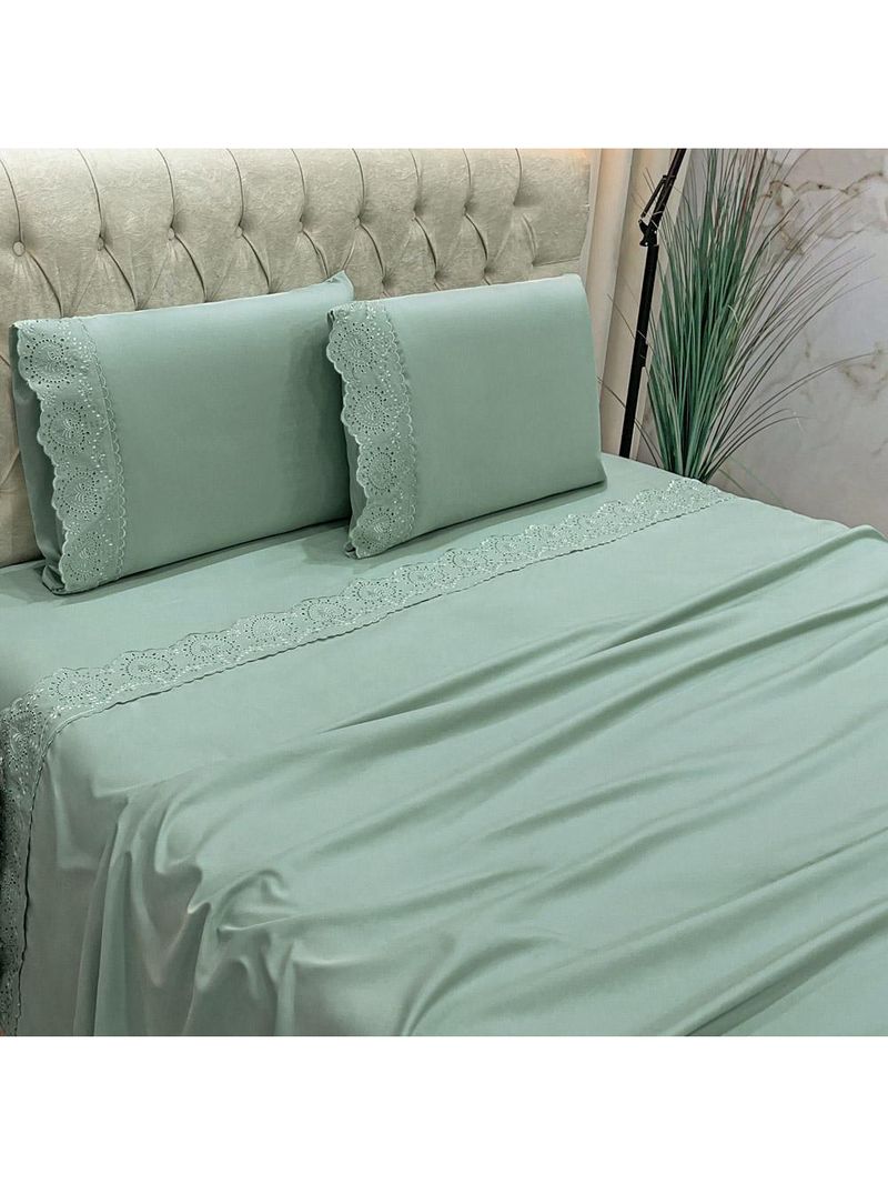 Jogo cama lençol detail king bordado guipir bordado inglês percal 300 fios 4 peças - verde menta