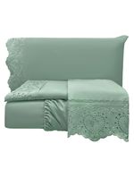 Jogo cama lençol detail king bordado guipir bordado inglês percal 300 fios 4 peças - verde menta