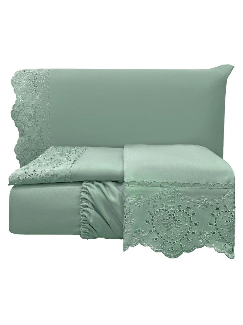 Jogo cama lençol detail king bordado guipir bordado inglês percal 300 fios 4 peças - verde menta