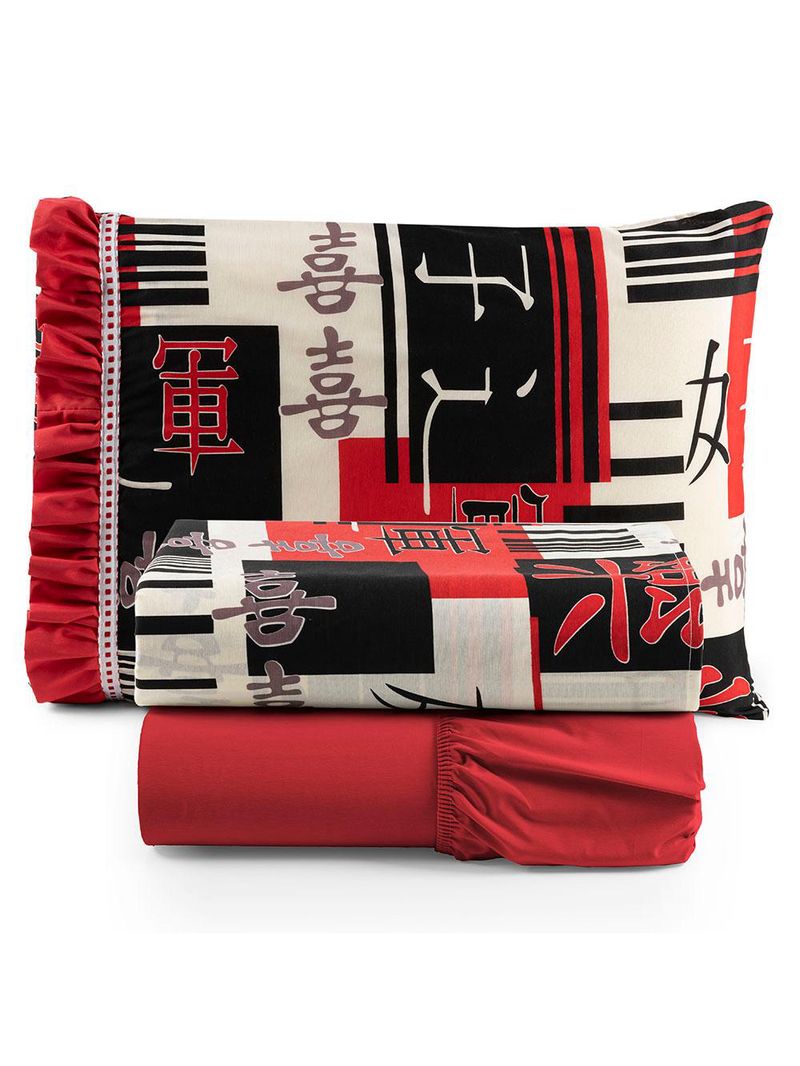 Jogo cama lençol fiore solteiro estampado 180 fios 100% algodão com babadinho 3 peças vermelho oriental japonês