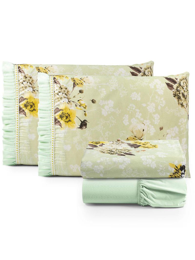 Jogo cama lençol fiore queen estampado 180 fios 100% algodão com babadinho 4 peças verde floral
