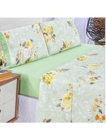 Jogo cama lençol fiore queen estampado 180 fios 100% algodão com babadinho 4 peças verde floral