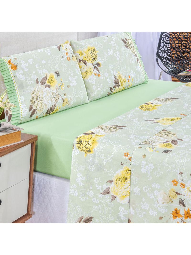 Jogo cama lençol fiore queen estampado 180 fios 100% algodão com babadinho 4 peças verde floral