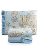 Jogo cama lençol fiore solteiro estampado 180 fios 100% algodão com babadinho 3 peças azul floral