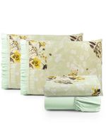 Jogo cama lençol fiore king estampado 180 fios 100% algodão com babadinho 4 peças verde floral