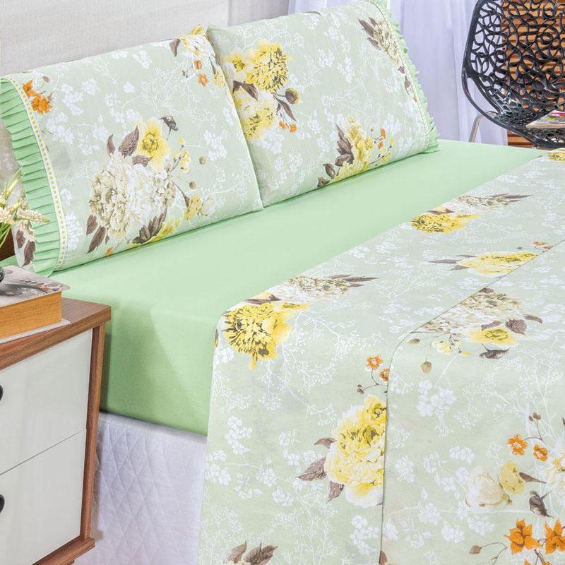 Jogo cama lençol fiore king estampado 180 fios 100% algodão com babadinho 4 peças verde floral