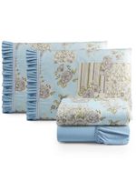 Jogo cama lençol fiore king estampado 180 fios 100% algodão com babadinho 4 peças azul floral