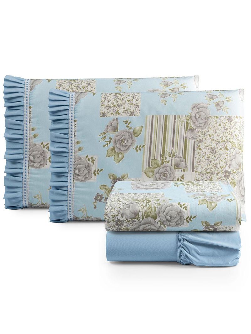 Jogo cama lençol fiore king estampado 180 fios 100% algodão com babadinho 4 peças azul floral
