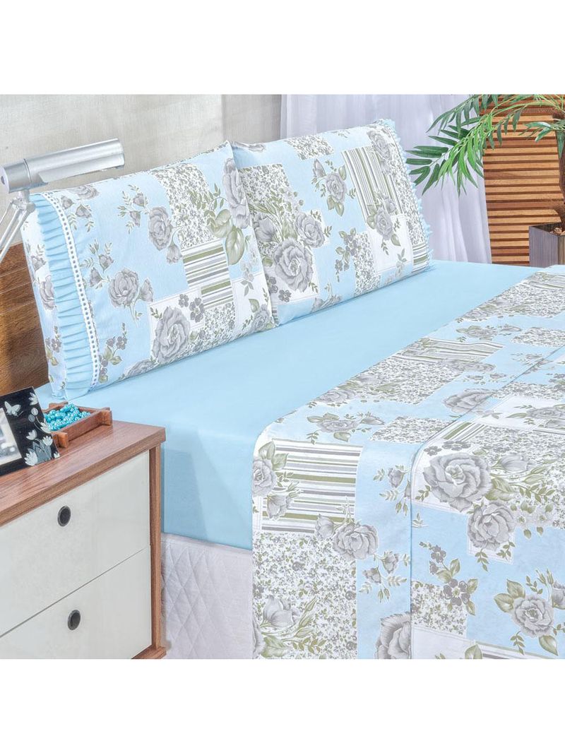 Jogo cama lençol fiore king estampado 180 fios 100% algodão com babadinho 4 peças azul floral