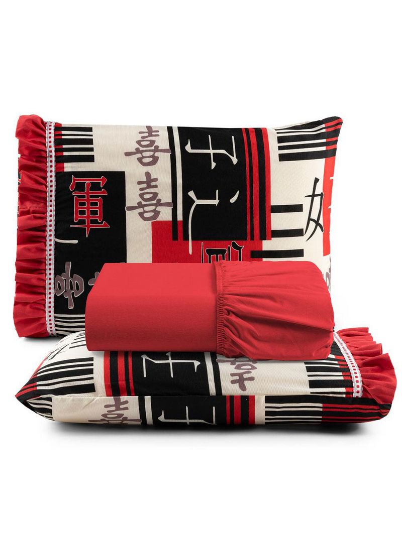 Jogo cama lençol fiore queen estampado 180 fios 100% algodão com babadinho 3 peças vermelho oriental japonês