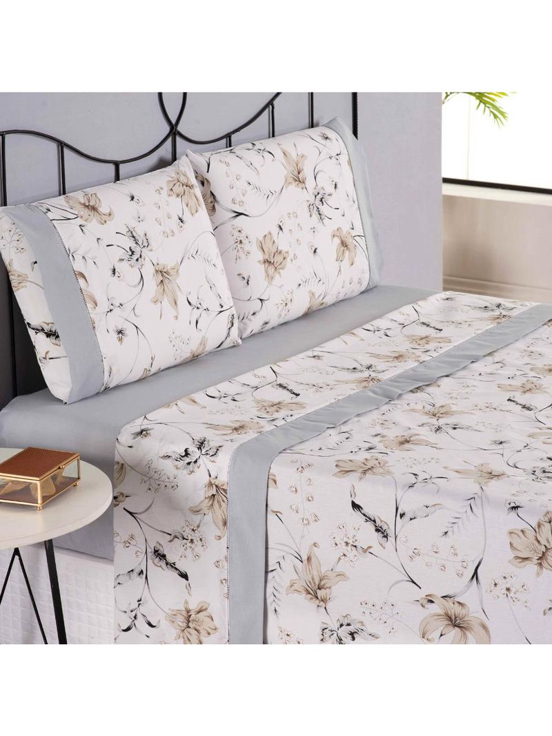 Jogo cama lençol encanto casal padrão estampado percal 180 fios c/ ponto palito 4 peças - floral - cinza