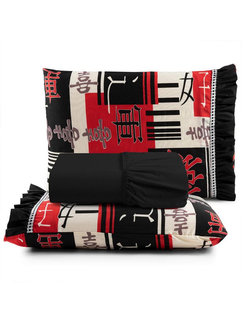 Jogo cama lençol fiore queen estampado 180 fios 100% algodão com babadinho 3 peças preto oriental japonês