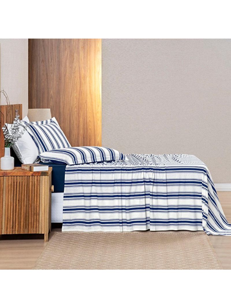 Jogo cama lençol daily solteiro malha algodão listrado 3 peças - azul marinho
